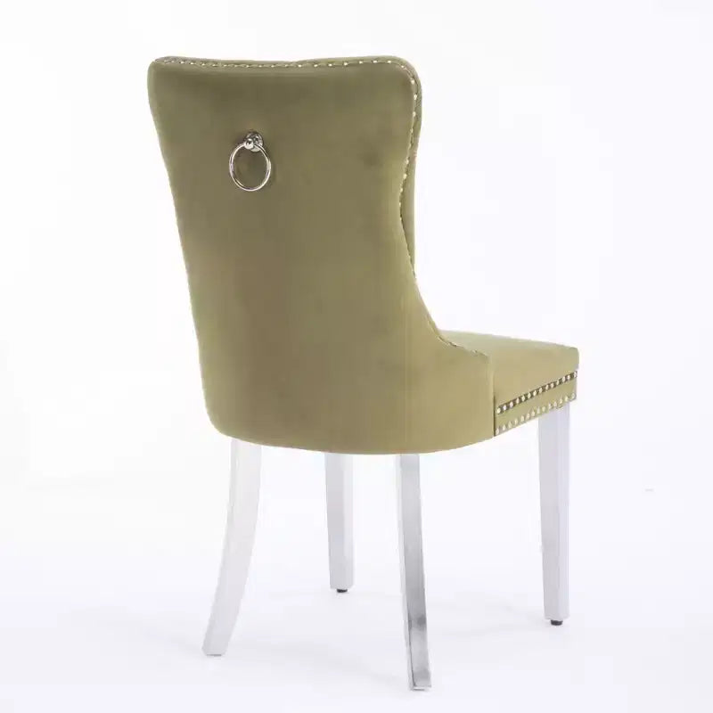Set of 2 Gray Tufted Solid Wood Contemporary Velvet Upholstered Dining Chair with Chrome Stainless Steel Plating Legs and Nailhead Trim