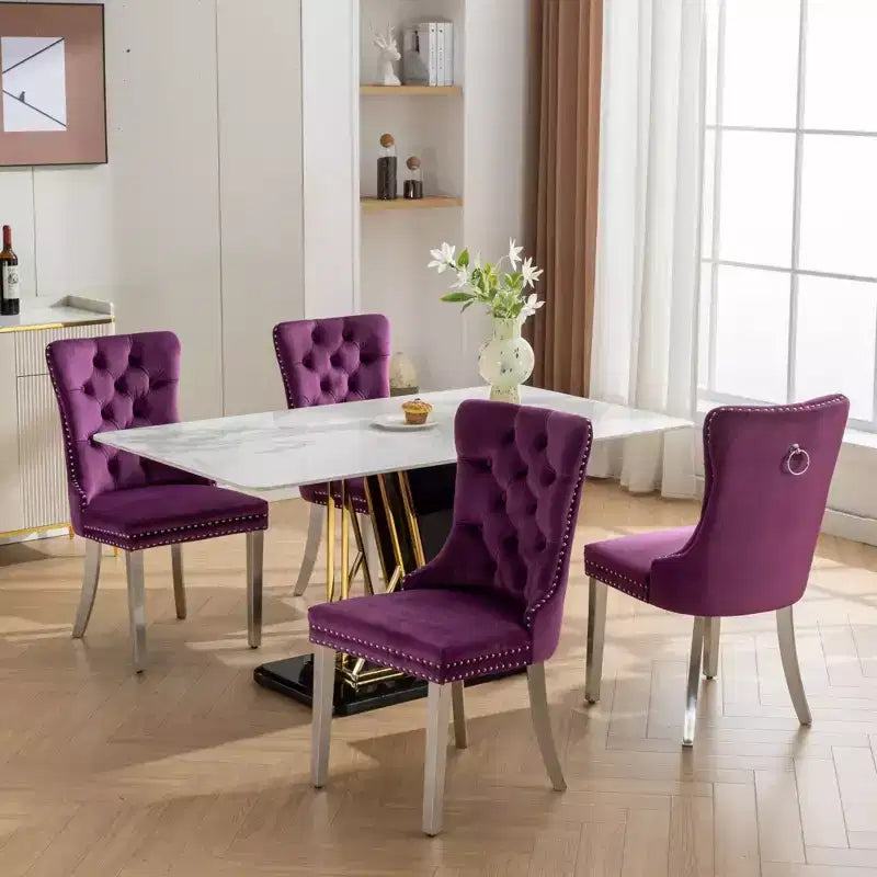 Set of 2 Gray Tufted Solid Wood Contemporary Velvet Upholstered Dining Chair with Chrome Stainless Steel Plating Legs and Nailhead Trim