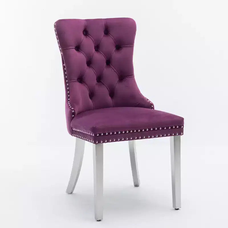 Set of 2 Gray Tufted Solid Wood Contemporary Velvet Upholstered Dining Chair with Chrome Stainless Steel Plating Legs and Nailhead Trim