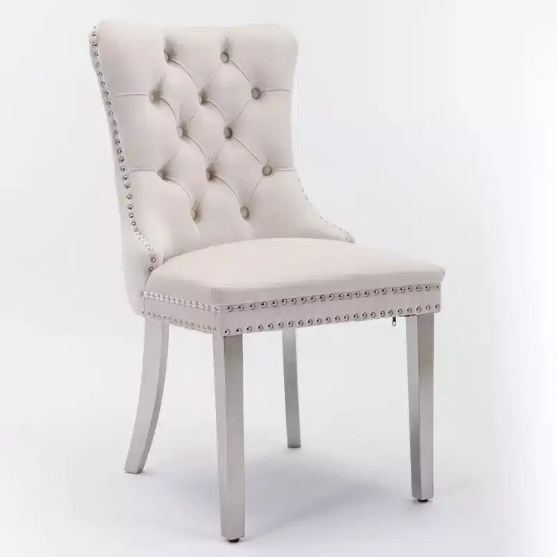 Set of 2 Gray Tufted Solid Wood Contemporary Velvet Upholstered Dining Chair with Chrome Stainless Steel Plating Legs and Nailhead Trim