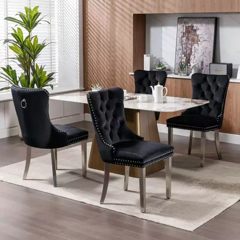 Set of 2 Gray Tufted Solid Wood Contemporary Velvet Upholstered Dining Chair with Chrome Stainless Steel Plating Legs and Nailhead Trim