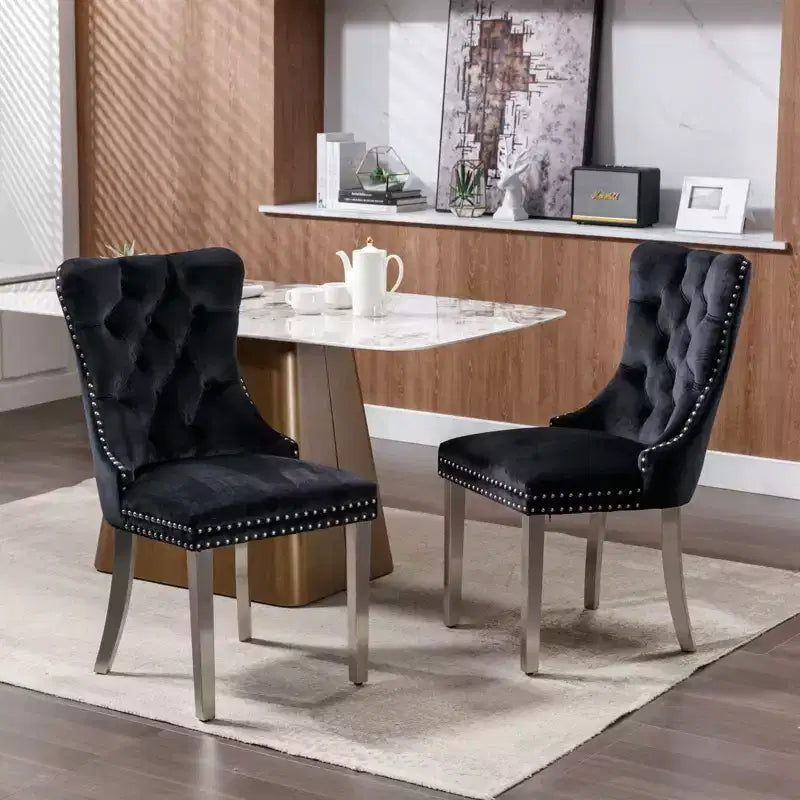 Set of 2 Gray Tufted Solid Wood Contemporary Velvet Upholstered Dining Chair with Chrome Stainless Steel Plating Legs and Nailhead Trim