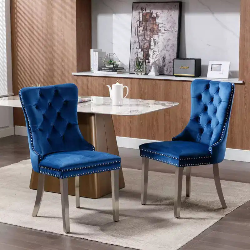 Set of 2 Gray Tufted Solid Wood Contemporary Velvet Upholstered Dining Chair with Chrome Stainless Steel Plating Legs and Nailhead Trim