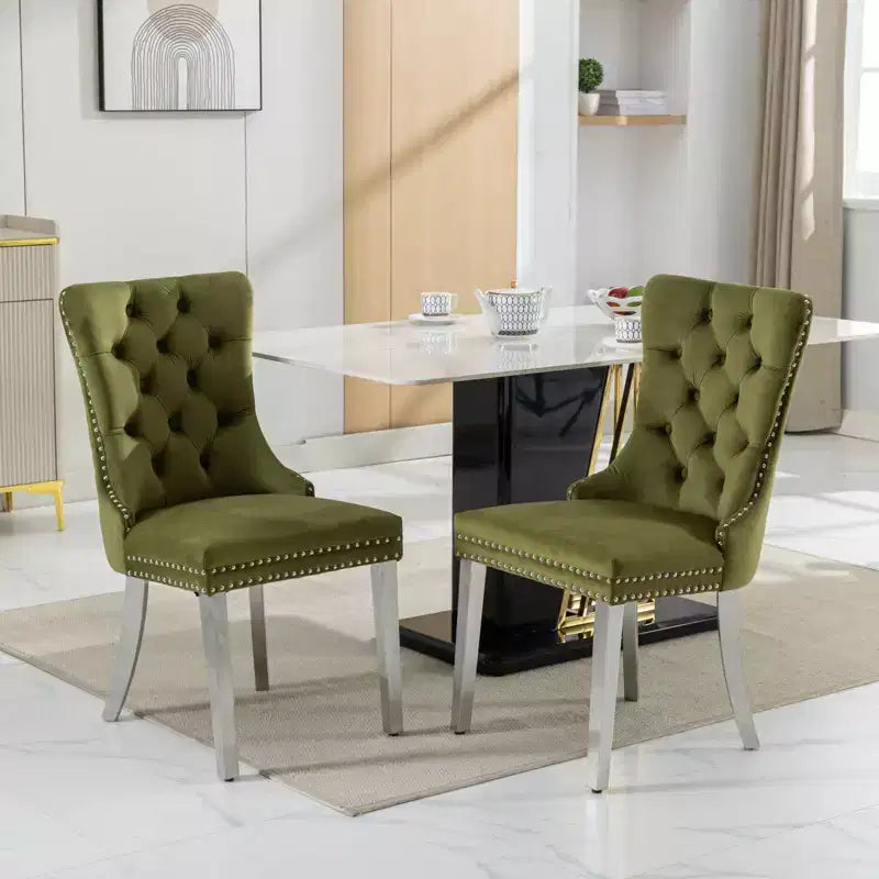 Set of 2 Gray Tufted Solid Wood Contemporary Velvet Upholstered Dining Chair with Chrome Stainless Steel Plating Legs and Nailhead Trim