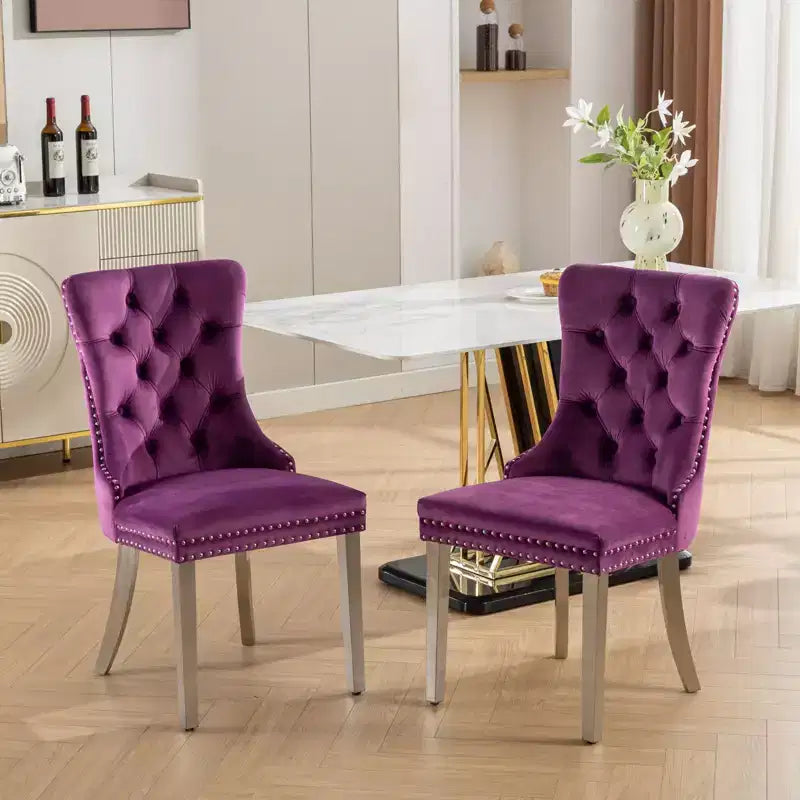 Set of 2 Gray Tufted Solid Wood Contemporary Velvet Upholstered Dining Chair with Chrome Stainless Steel Plating Legs and Nailhead Trim