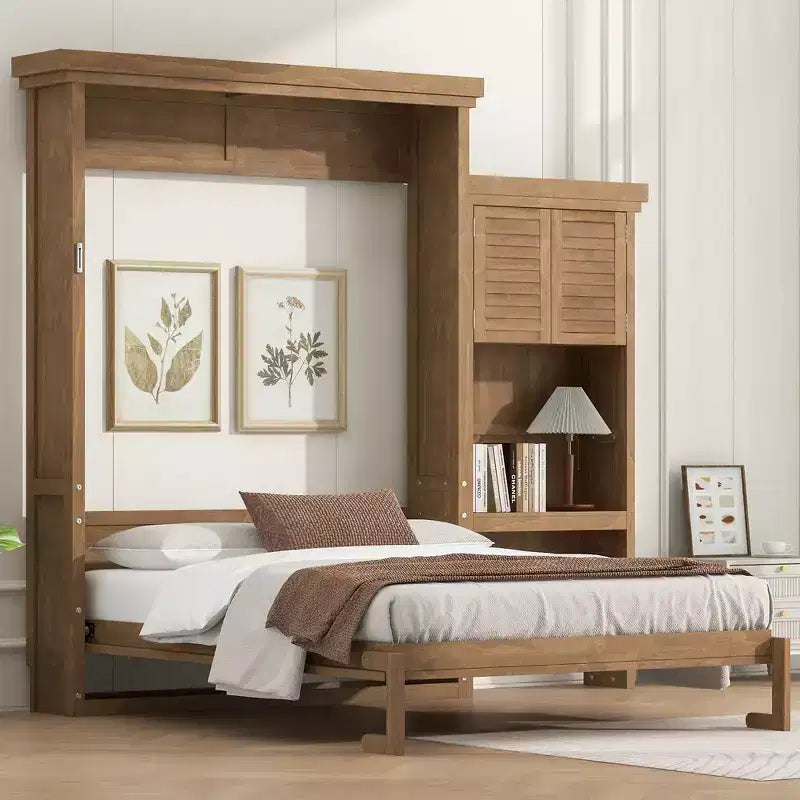 Whisen Wood Queen Size Murphy Bed with Multiple Storage Shelves and Louvered Style Decoration