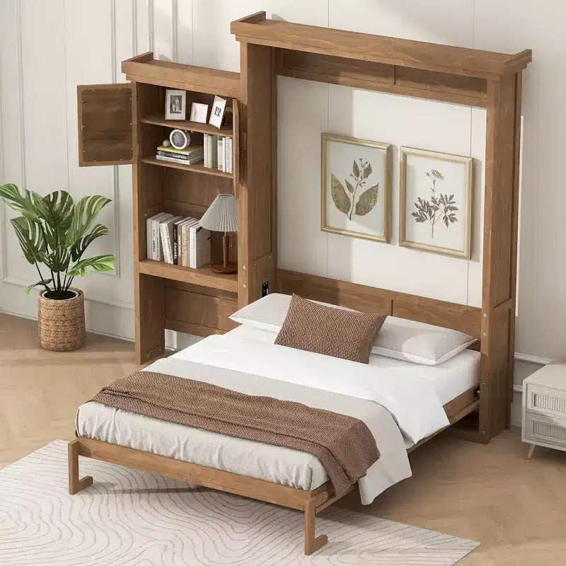 Whisen Wood Queen Size Murphy Bed with Multiple Storage Shelves and Louvered Style Decoration