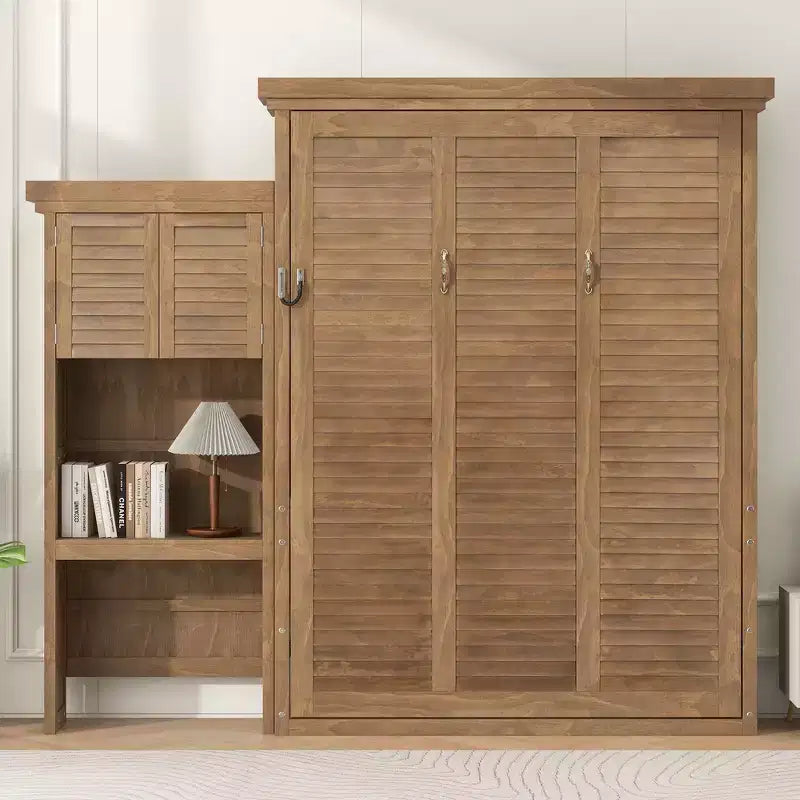 Whisen Wood Queen Size Murphy Bed with Multiple Storage Shelves and Louvered Style Decoration