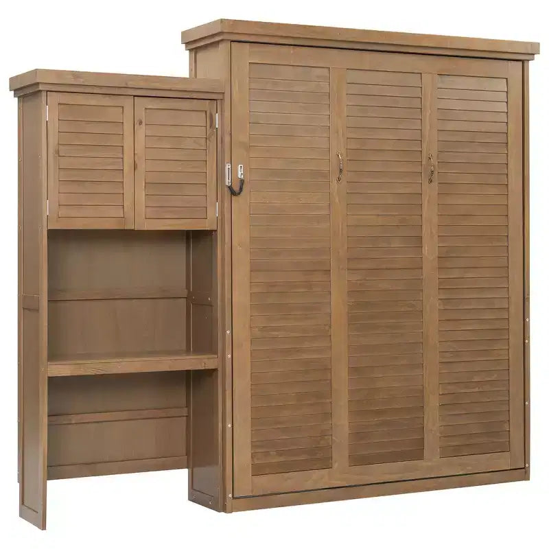 Whisen Wood Queen Size Murphy Bed with Multiple Storage Shelves and Louvered Style Decoration