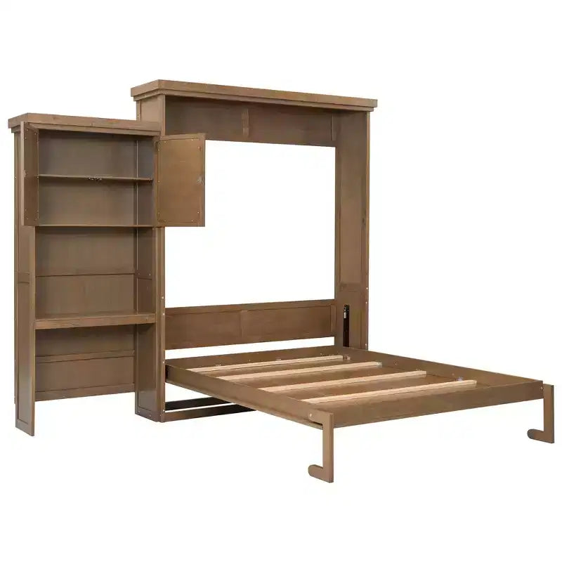 Whisen Wood Queen Size Murphy Bed with Multiple Storage Shelves and Louvered Style Decoration