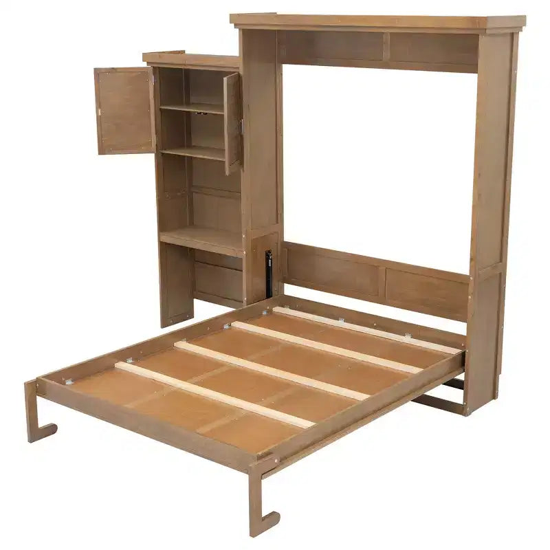 Whisen Wood Queen Size Murphy Bed with Multiple Storage Shelves and Louvered Style Decoration