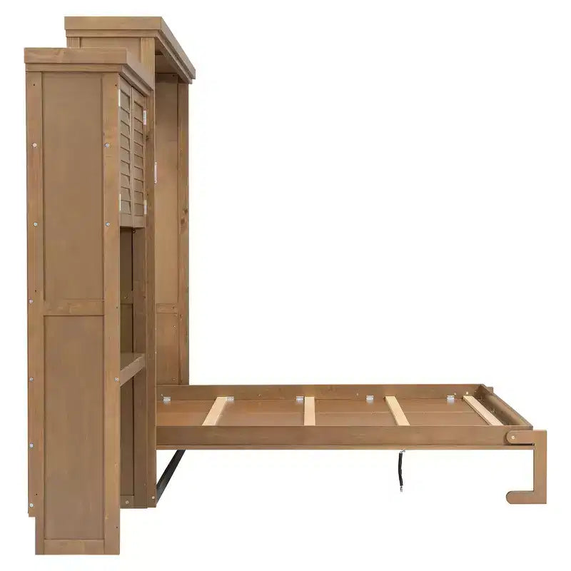 Whisen Wood Queen Size Murphy Bed with Multiple Storage Shelves and Louvered Style Decoration