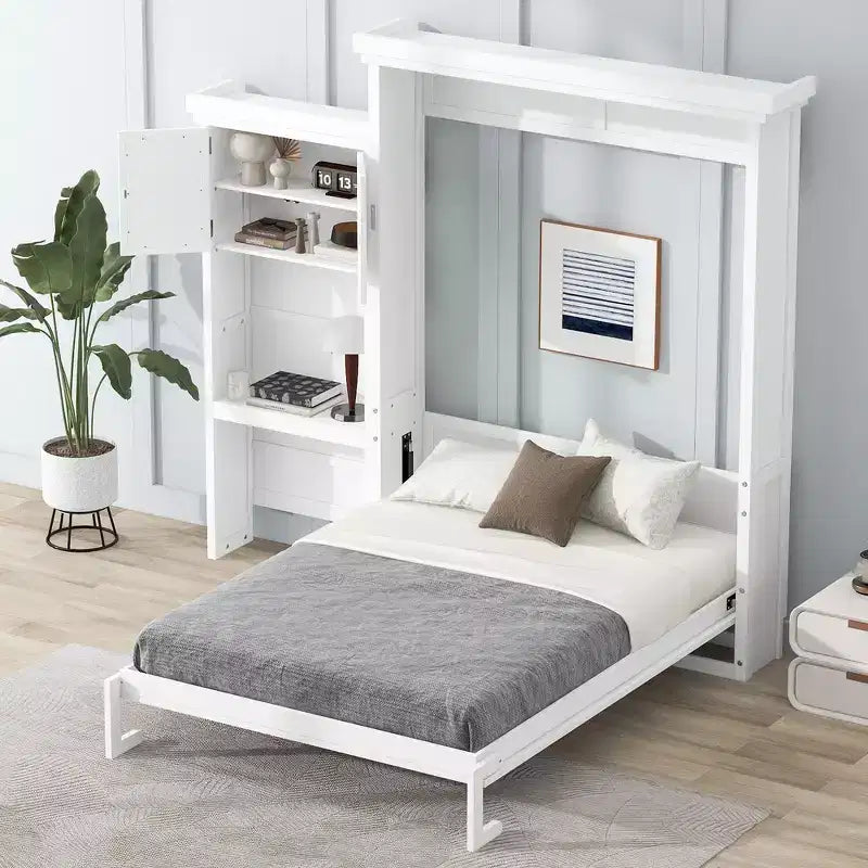 Whisen Wood Queen Size Murphy Bed with Multiple Storage Shelves and Louvered Style Decoration