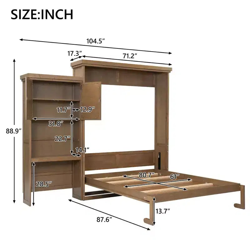 Whisen Wood Queen Size Murphy Bed with Multiple Storage Shelves and Louvered Style Decoration