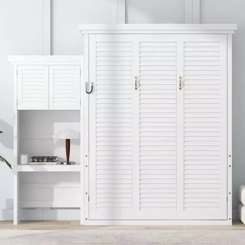 Whisen Wood Queen Size Murphy Bed with Multiple Storage Shelves and Louvered Style Decoration
