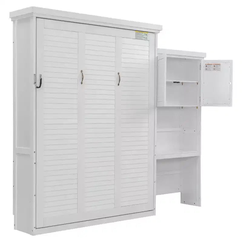 Whisen Wood Queen Size Murphy Bed with Multiple Storage Shelves and Louvered Style Decoration