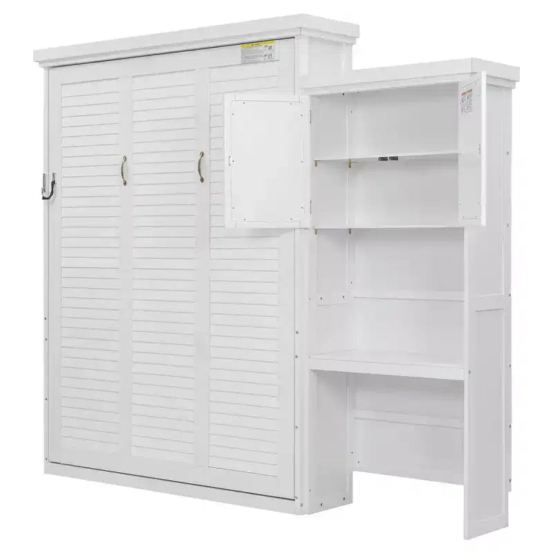 Whisen Wood Queen Size Murphy Bed with Multiple Storage Shelves and Louvered Style Decoration