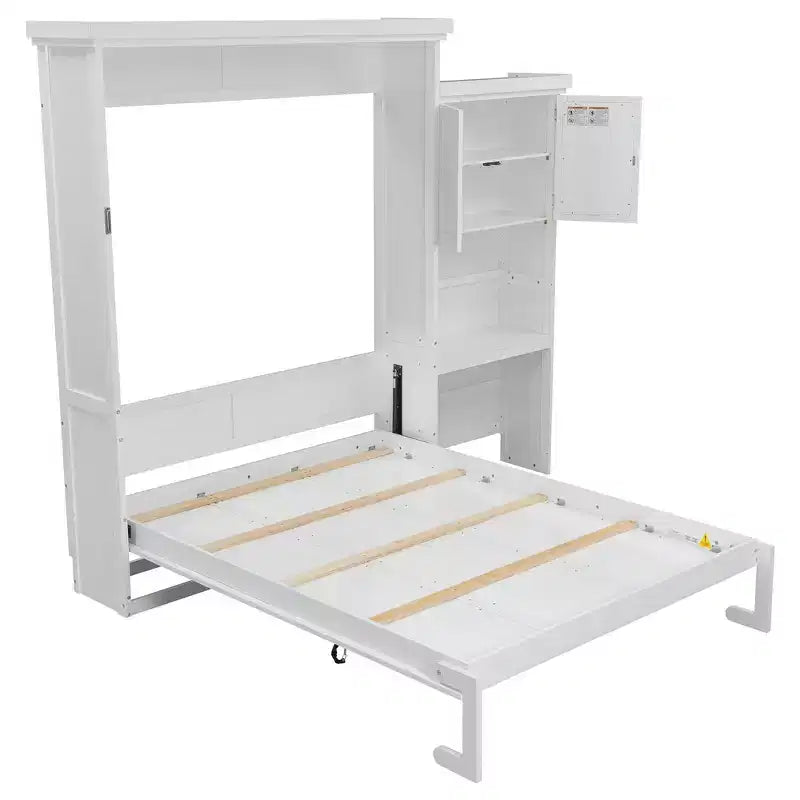 Whisen Wood Queen Size Murphy Bed with Multiple Storage Shelves and Louvered Style Decoration