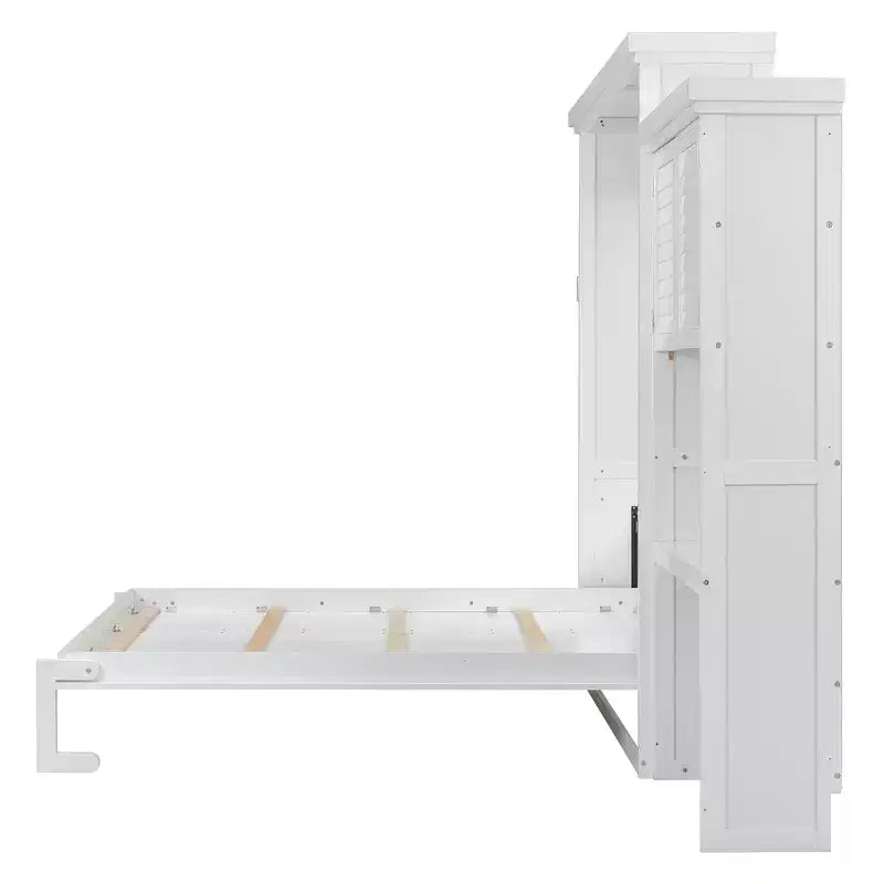 Whisen Wood Queen Size Murphy Bed with Multiple Storage Shelves and Louvered Style Decoration