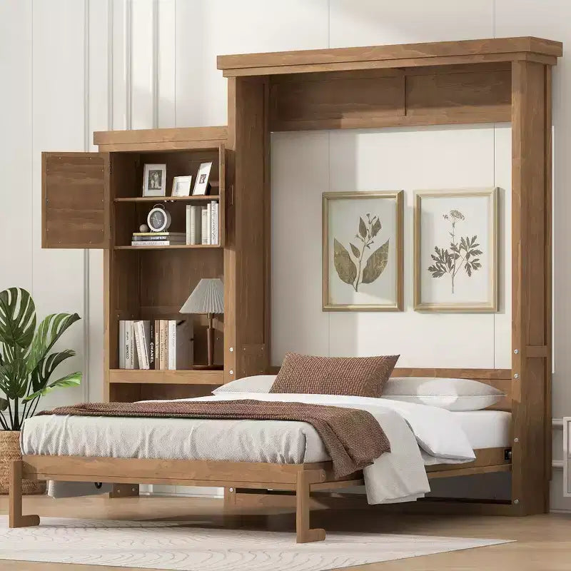 Whisen Wood Queen Size Murphy Bed with Multiple Storage Shelves and Louvered Style Decoration