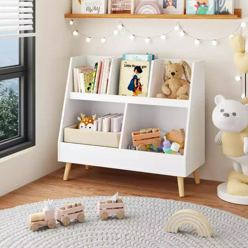 Kids Bookshelf and Toy Organizer, 5 Cubbies Wooden Open Bookcase, 2-Tier Baby Storage Display Organizer with Legs, Free Standing for Playing Room