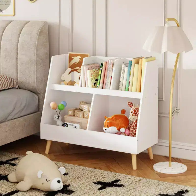 Kids Bookshelf and Toy Organizer, 5 Cubbies Wooden Open Bookcase, 2-Tier Baby Storage Display Organizer with Legs, Free Standing for Playing Room