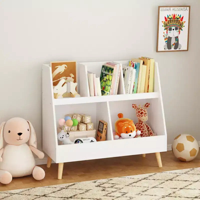 Kids Bookshelf and Toy Organizer, 5 Cubbies Wooden Open Bookcase, 2-Tier Baby Storage Display Organizer with Legs, Free Standing for Playing Room