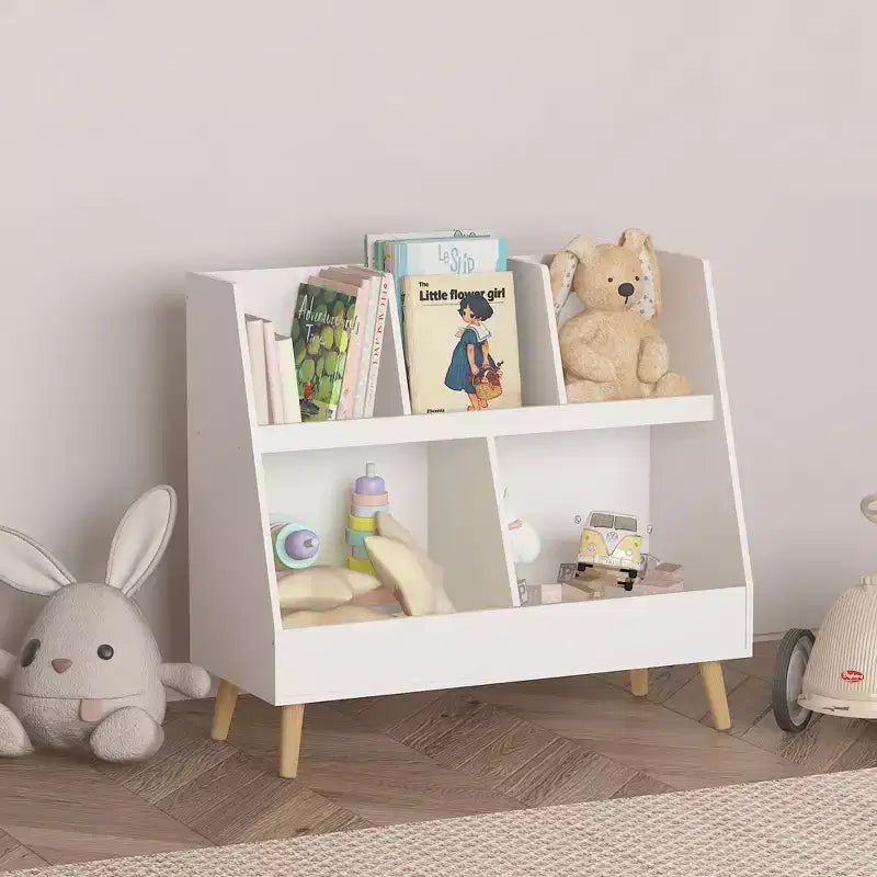 Kids Bookshelf and Toy Organizer, 5 Cubbies Wooden Open Bookcase, 2-Tier Baby Storage Display Organizer with Legs, Free Standing for Playing Room