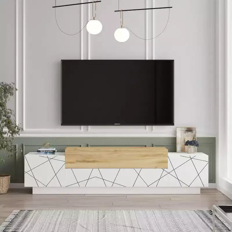 Floyd TV Unit Stand White Felt - UV Print Entertainment Center Console 63 Inches with Storage Shelves & Doors