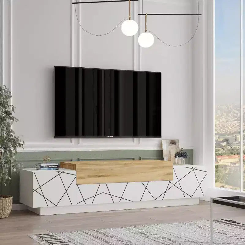 Floyd TV Unit Stand White Felt - UV Print Entertainment Center Console 63 Inches with Storage Shelves & Doors