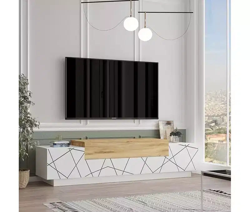 Floyd TV Unit Stand White Felt - UV Print Entertainment Center Console 63 Inches with Storage Shelves & Doors