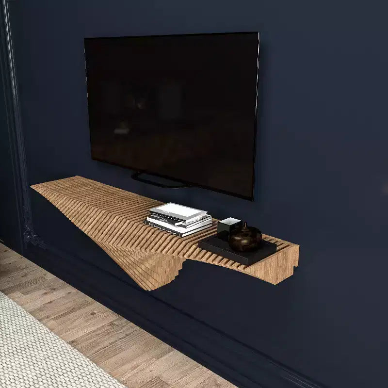 Parametric 50 inch Floating Shelf TV Unit Modern Geometric Wooden Wall Piece Decor Natural Oak Color 3D Wavy Living and Gaming Room Shelf
