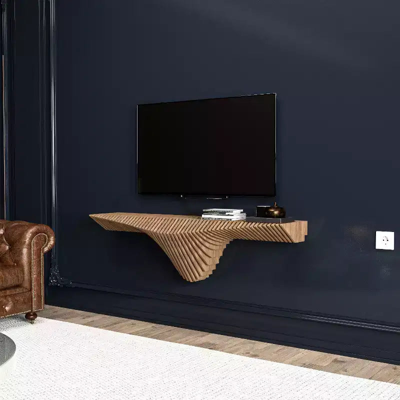 Parametric 50 inch Floating Shelf TV Unit Modern Geometric Wooden Wall Piece Decor Natural Oak Color 3D Wavy Living and Gaming Room Shelf