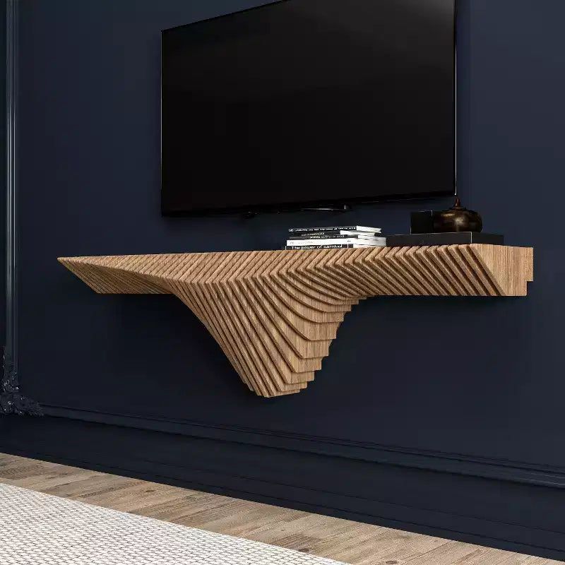 Parametric 50 inch Floating Shelf TV Unit Modern Geometric Wooden Wall Piece Decor Natural Oak Color 3D Wavy Living and Gaming Room Shelf