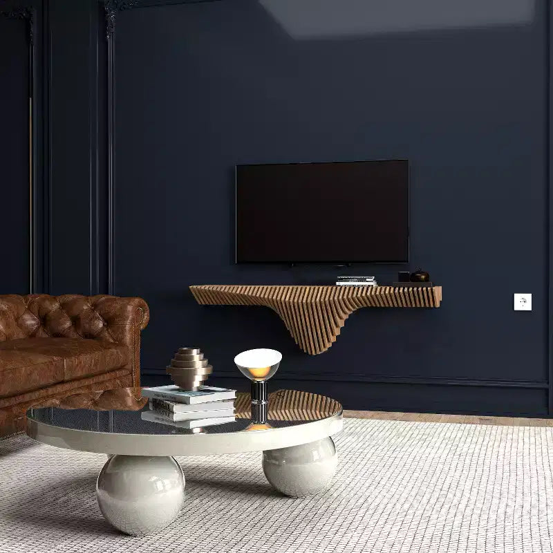 Parametric 50 inch Floating Shelf TV Unit Modern Geometric Wooden Wall Piece Decor Natural Oak Color 3D Wavy Living and Gaming Room Shelf