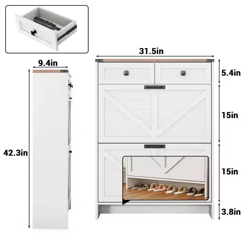 Slim Shoe Storage Cabinet with 2 Drawers and 2 Drawers Freestanding