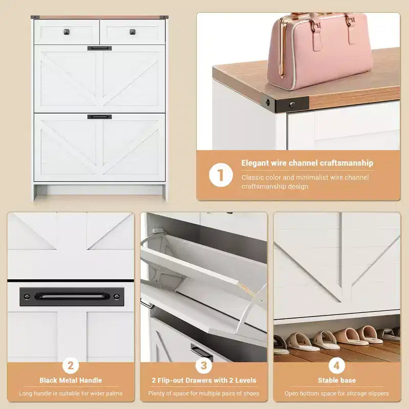 Slim Shoe Storage Cabinet with 2 Drawers and 2 Drawers Freestanding