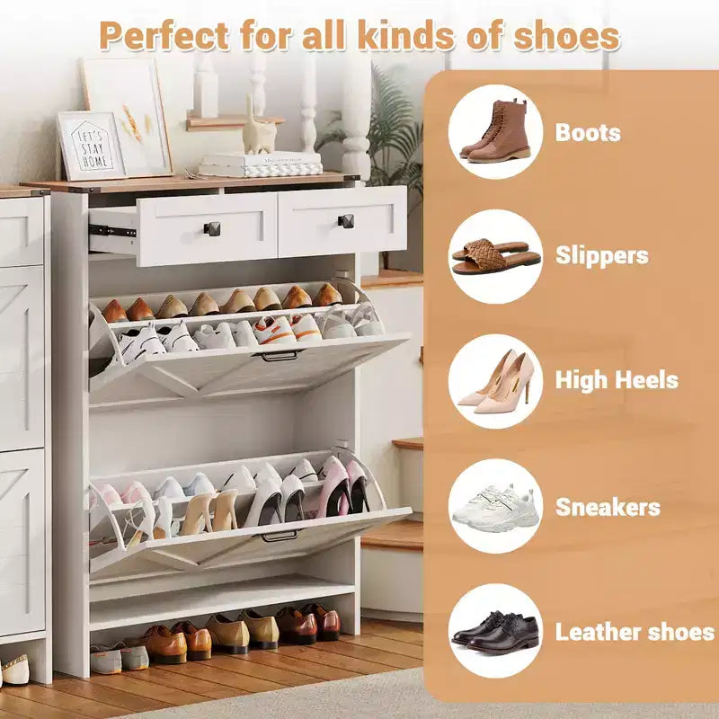 Slim Shoe Storage Cabinet with 2 Drawers and 2 Drawers Freestanding