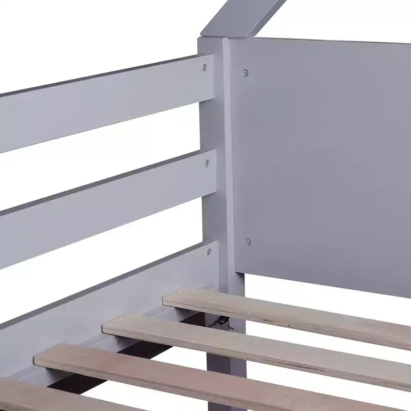 Twin House Floor Bunk Bed with Headboards, Footboards and Guardrails, Ladder, Rubber Wood Bunk Bed with Safety Guardrails,Light Grey