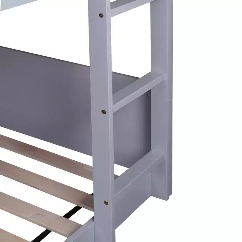 Twin House Floor Bunk Bed with Headboards, Footboards and Guardrails, Ladder, Rubber Wood Bunk Bed with Safety Guardrails,Light Grey