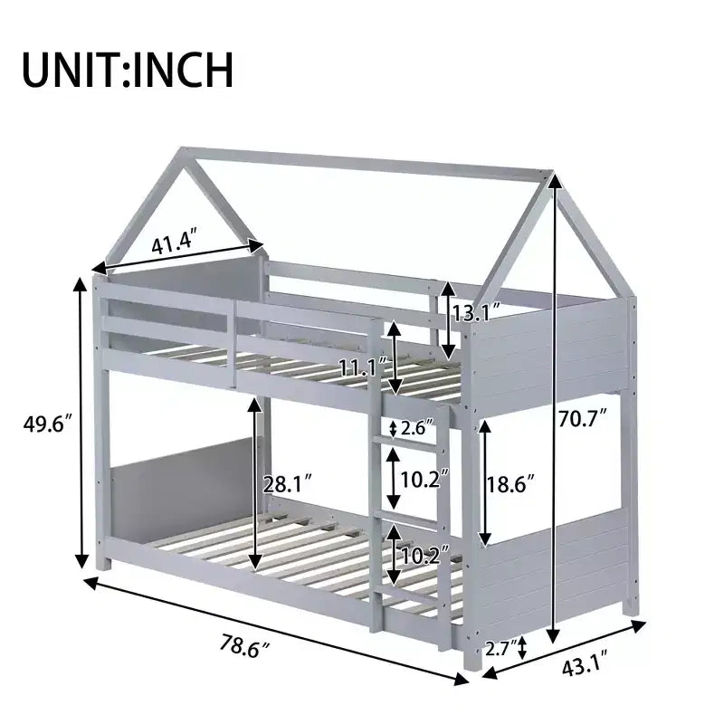 Twin House Floor Bunk Bed with Headboards, Footboards and Guardrails, Ladder, Rubber Wood Bunk Bed with Safety Guardrails,Light Grey