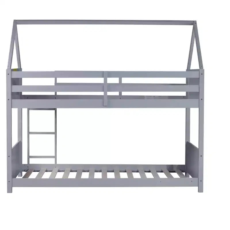 Twin House Floor Bunk Bed with Headboards, Footboards and Guardrails, Ladder, Rubber Wood Bunk Bed with Safety Guardrails,Light Grey