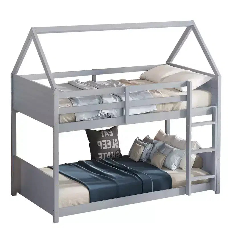 Twin House Floor Bunk Bed with Headboards, Footboards and Guardrails, Ladder, Rubber Wood Bunk Bed with Safety Guardrails,Light Grey