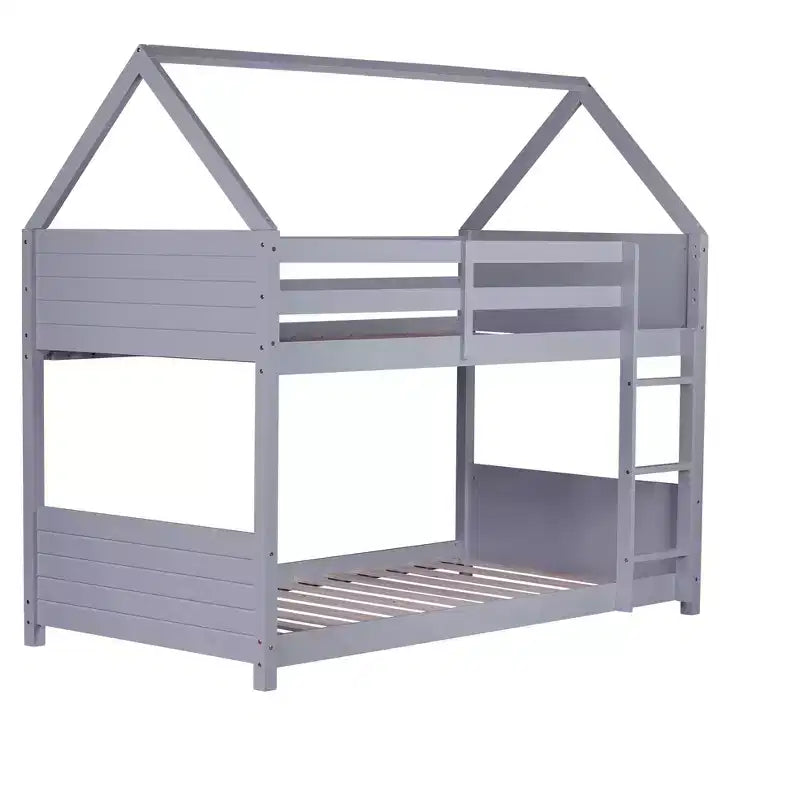 Twin House Floor Bunk Bed with Headboards, Footboards and Guardrails, Ladder, Rubber Wood Bunk Bed with Safety Guardrails,Light Grey
