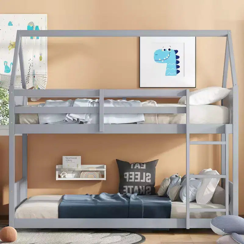 Twin House Floor Bunk Bed with Headboards, Footboards and Guardrails, Ladder, Rubber Wood Bunk Bed with Safety Guardrails,Light Grey