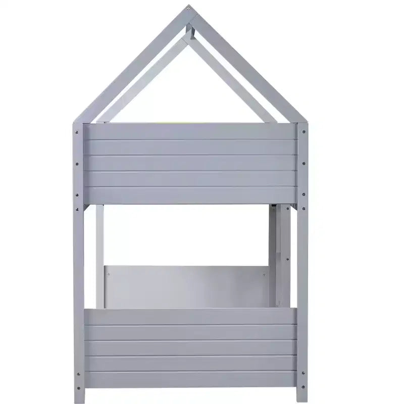 Twin House Floor Bunk Bed with Headboards, Footboards and Guardrails, Ladder, Rubber Wood Bunk Bed with Safety Guardrails,Light Grey