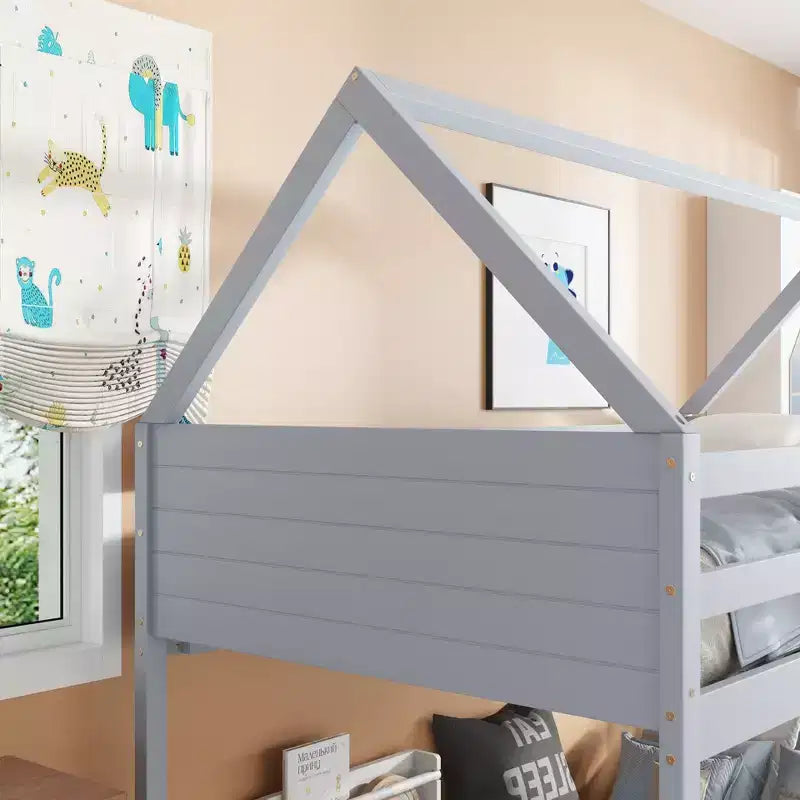 Twin House Floor Bunk Bed with Headboards, Footboards and Guardrails, Ladder, Rubber Wood Bunk Bed with Safety Guardrails,Light Grey