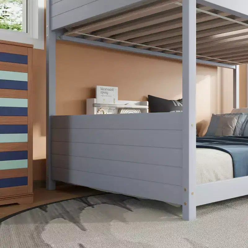 Twin House Floor Bunk Bed with Headboards, Footboards and Guardrails, Ladder, Rubber Wood Bunk Bed with Safety Guardrails,Light Grey