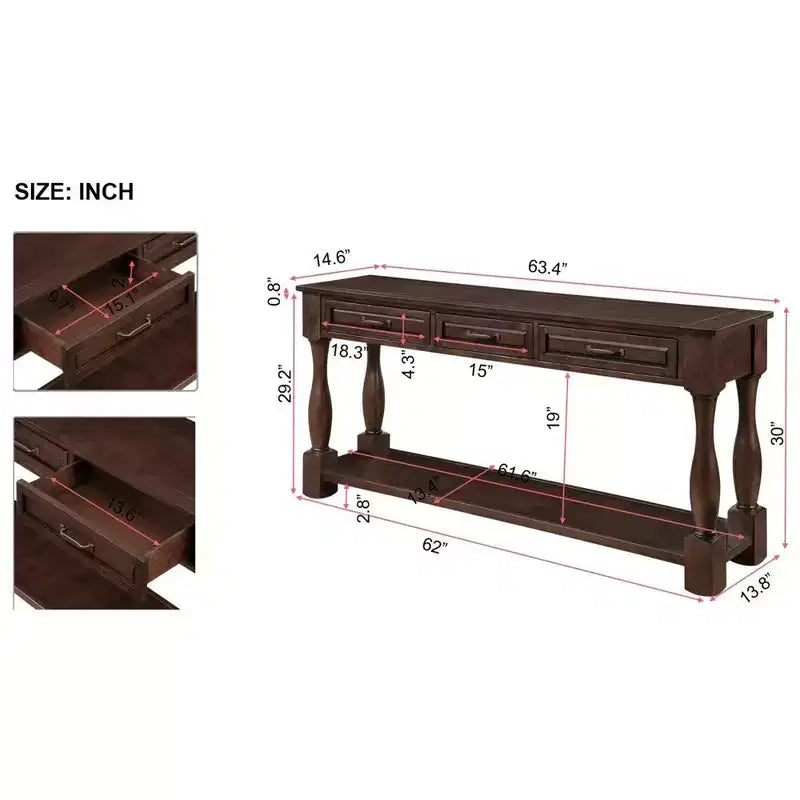 63'' Long Wood Console Table Sideboard with 3 Drawers and 1 Bottom Shelf for Entryway and Hallway, Light Espresso