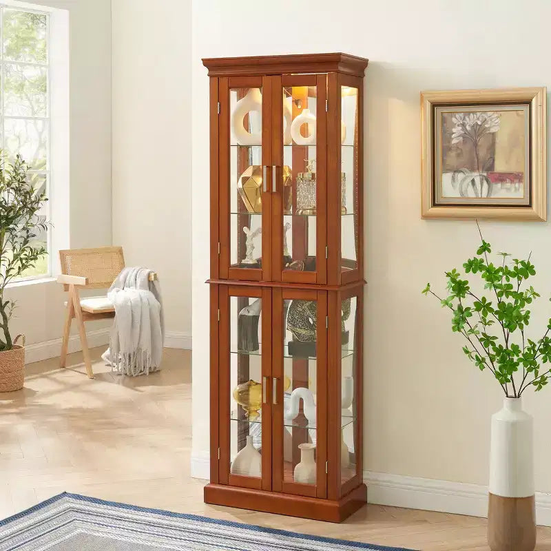 Cabinet, Curio Cabinet with 6 Adjustable Shelves and Tempered Glass Doors, Tall Cabinet for Living Room, Bedroom